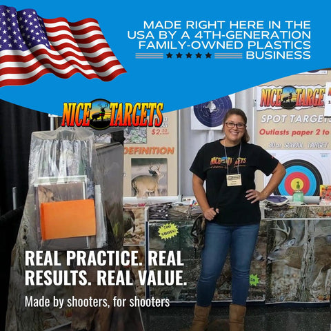 80cm Single Spot Archery Target For Indoor Outdoor Practice display at trade booth with woman, products, and promotional material