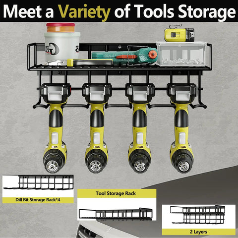 Heavy Duty Tool Organizer Wall Mount For Drill And Cordless Tools Garage Workshop Pegboard Rack With One Layer And Four Slots Rust Resistant Iron Construction For Pro Grade Organization And Easy Access shown with drills and tools.