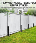 Built Different Heavy Duty Steel Fence Post Anchors And Ground Spikes Repair Kit in use with installed stakes on a wooden fence.
