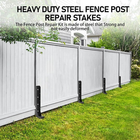 Built Different Heavy Duty Steel Fence Post Anchors And Ground Spikes Repair Kit in use with installed stakes on a wooden fence.