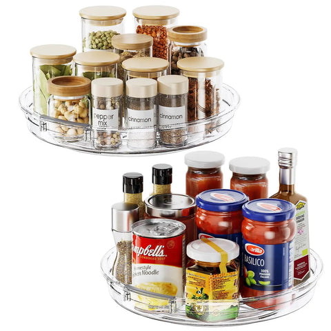 2 Pack Nine Point Two Five Inch Lazy Susan Turntables For Cabinets And Countertops Grab And Go Rotating Spice Organizer, filled.