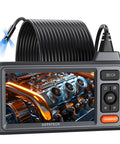 50ft Sewer Camera With 1080P HD Triple Lens Borescope, 5 Inch IPS Screen Endoscope, showing engine inspection.
