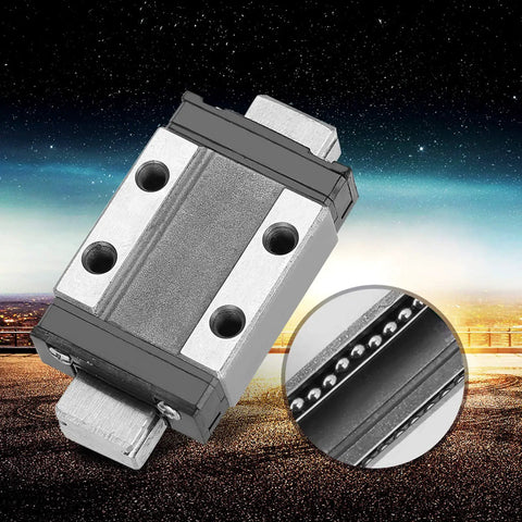 Compact 9mm Miniature Linear Rail Guide Block with Four Point Contact for small equipment, detail of ball bearings, nighttime city backdrop