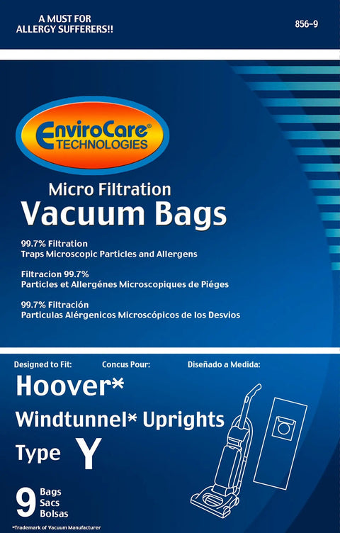 Type Y Replacement Vacuum Bags 9 Pack For Hoover WindTunnel Upright Vacuums packaging showing filtration details