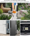 Heavy Duty Fourteen And A Half Feet Telescoping Ladder folded for easy storage in compact spaces, shown outdoors, by fridge, and in car trunk.