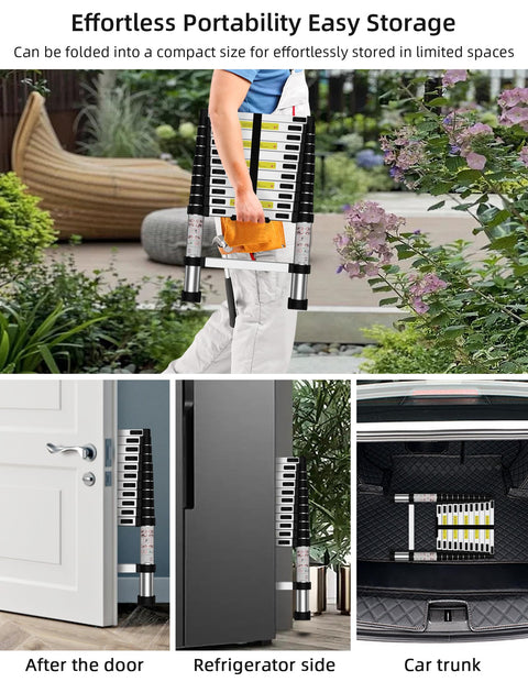 Heavy Duty Fourteen And A Half Feet Telescoping Ladder folded for easy storage in compact spaces, shown outdoors, by fridge, and in car trunk.