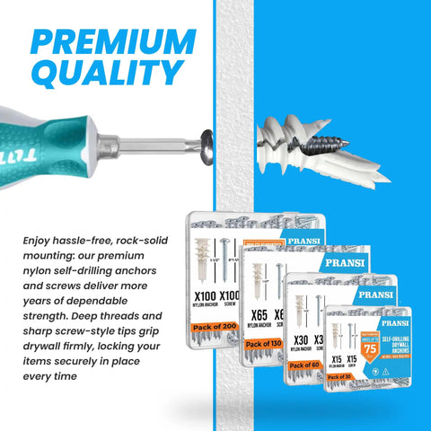 Self Drilling Drywall Anchors And Screws Kit, 30 Piece Set, Size Eight Screws, No Pre Drill Needed, Heavy Duty Wall Anchors