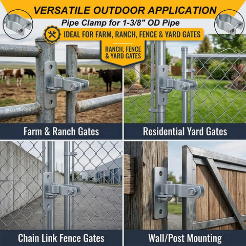 Heavy Duty Wall Mount Gate Hinges For 1 3 8 Inch Pipe Frames shown on various gates including chain link, ranch, and yard gates.