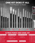 25 Piece Punch And Chisel Set With Roll Pin Punches Including Taper Punches Pin Punches Center Punches And Cold Chisels