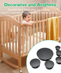 Decorative crib with baby, featuring black dome plugs as finishing hole covers, used for unused holes in furniture, shown in inset.