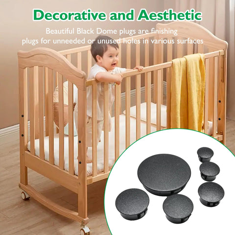 Decorative crib with baby, featuring black dome plugs as finishing hole covers, used for unused holes in furniture, shown in inset.