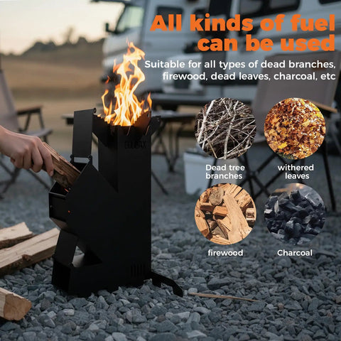 Portable Wood Burning Camp Stove With High Efficiency Rocket Style Flame For Camping, showing use with different fuels outdoors.