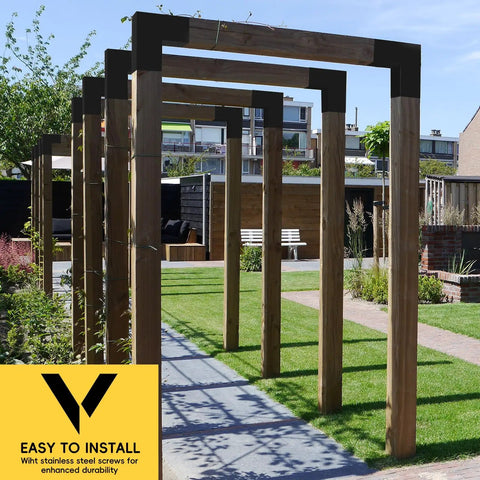 Installed Heavy Duty 14 Gauge Steel L Shaped Pergola Brackets 1 Pack for 4x4 Wood Beams on outdoor structure, matte black.
