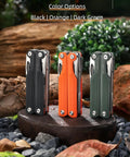 28-In-1 Pocket Multitool Pliers With Replaceable Bits for Outdoor and Home Use, shown in black, orange, and dark green colors.