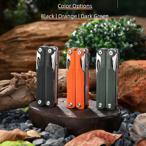 28-In-1 Pocket Multitool Pliers With Replaceable Bits for Outdoor and Home Use, shown in black, orange, and dark green colors.