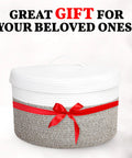 Cozy Rope Blanket Basket With Soft Lid For Living Room And Bedroom, gift-wrapped in red ribbon, white and brown design.