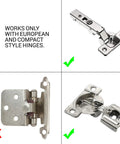 Installation guide showing compatible European and compact hinges for 25 Pack Soft Close Cabinet Dampers for Cabinet Doors.