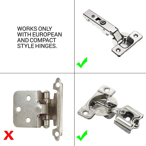 Installation guide showing compatible European and compact hinges for 25 Pack Soft Close Cabinet Dampers for Cabinet Doors.