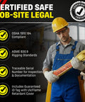 Worker holds Industrial Grade 4 Inch By 20 Foot Nylon Lifting Web Sling Made In USA with compliance certifications.