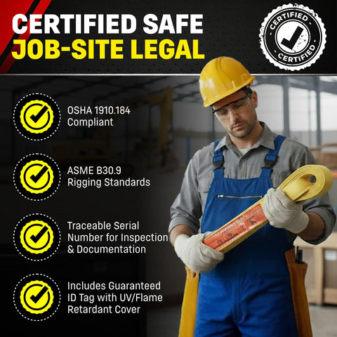 Worker holds Industrial Grade 4 Inch By 20 Foot Nylon Lifting Web Sling Made In USA with compliance certifications.