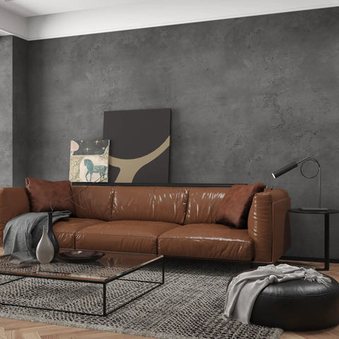 Charcoal Concrete Wallpaper Peel And Stick 3D Thick Faux Cement Contact Paper in living room behind brown sofa and decor