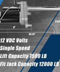 Electric Powered Trailer Jack Kit 12,000 Lbs 12V Heavy Duty Single Speed Tongue Jack with Control Switch weatherproof and rust resistant shown on concrete background with specifications highlighted.
