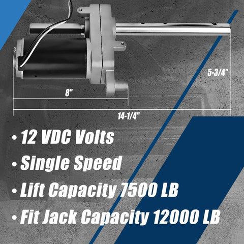 Electric Powered Trailer Jack Kit 12,000 Lbs 12V Heavy Duty Single Speed Tongue Jack with Control Switch weatherproof and rust resistant shown on concrete background with specifications highlighted.