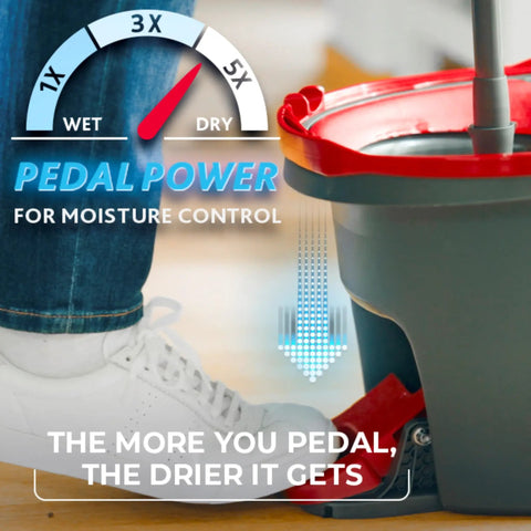 Heavy Hitter Microfiber Spin Mop And Bucket Set Including Three Extra Washable Replacement Pads For Fast Dirt Trapping. Pedal moisture control.