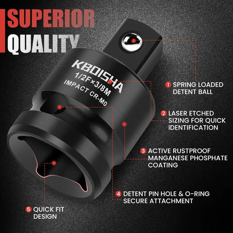 Half Inch To Three Eighths Inch Socket Adapter Set For Half Inch Drive CR-MO Impact Reducer with laser etched CR-MO steel.