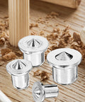 Close-up of Pro Grade Stainless Steel Dowel Pin Set For Woodworking Alignment And Center Transfer on wood shavings