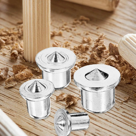 Close-up of Pro Grade Stainless Steel Dowel Pin Set For Woodworking Alignment And Center Transfer on wood shavings