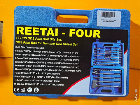 Storage case of 17 Piece SDS Plus Rotary Hammer Drill Bits And Chisels Set For Concrete And Masonry with labeled contents