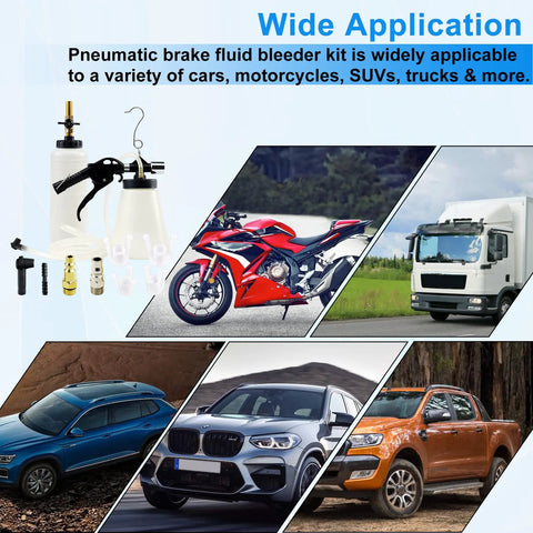1L Pneumatic Brake Fluid Bleeder Kit With Vacuum Extractor And 90 To 120 PSI Master Cylinder Adapters For Motorcycle And Car Fluid Change Hands Free Operation Self Locking Trigger Refill Bottle Included shown with applications for cars and motorcycles