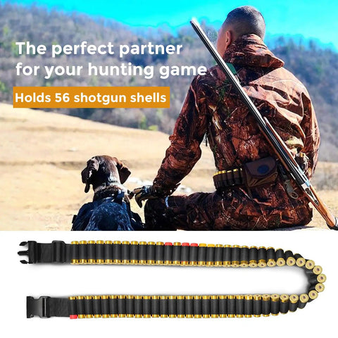 Shotgun Shell Holder With 56 Hole Tactical Shoulder Strap For 12 Gauge Shells Adjustable Shotshell Bandolier Belt shown outdoors
