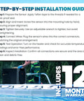 Installation guide for Replacement Temperature Sensor IID 009577F with a technician working by a pool heater, warranty highlighted.