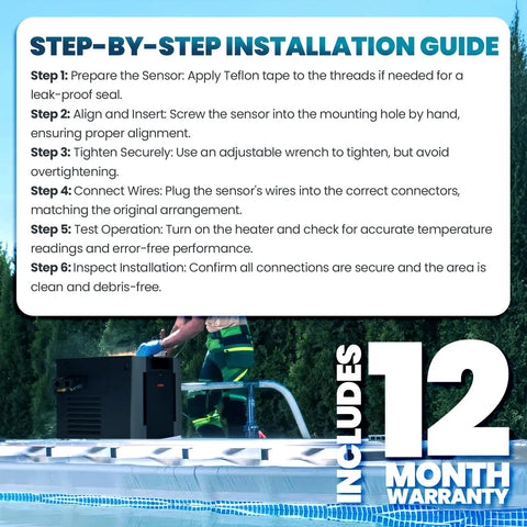 Installation guide for Replacement Temperature Sensor IID 009577F with a technician working by a pool heater, warranty highlighted.