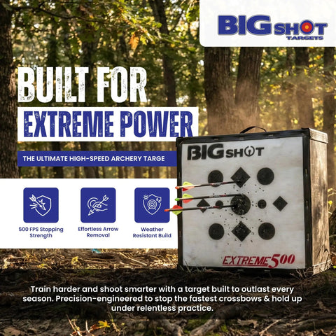 Iron Man Xtreme 500 FPS Archery Target with arrows in high compression block in outdoor setting