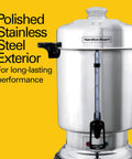 Commercial Coffee Urn And Hot Beverage Dispenser For 60 Cup Capacity Polished Stainless Steel Exterior One Hand Dispensing With Cup Trip Handle Keeps Beverages Warm With Built In Keep Warm Heater, showing polished stainless steel exterior