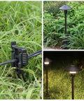 Six Pack Low Voltage Wire Connectors for landscape lighting with installed path lights and spotlights in garden setting