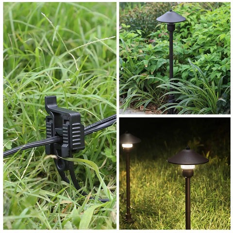Six Pack Low Voltage Wire Connectors for landscape lighting with installed path lights and spotlights in garden setting