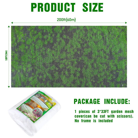 Ultra Fine Garden Netting 10 x 200 ft Plant Covers Keep Veggies, Fruits, and Trees Safe From Birds and Pests packaging and size