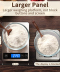 Pro Grade Digital Kitchen Scale With 33 Pound Capacity, Stainless Steel And Tempered Glass Surface, shows large panel feature.