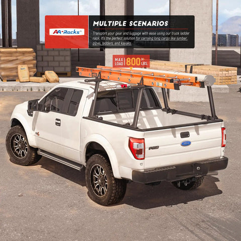 Extendable Aluminum Ladder Rack for Full Size Pickup Trucks No Drilling Required 71 Inch Wide 28 Inch High on white Ford F-150