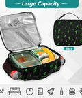 Green Lightning Bolts Insulated Lunch Bag For Kids, Women, And Men, Portable Cooler Tote With Shoulder Straps, Thermal Retention Aluminum Foil Lining, Spacious Main Compartment, Side Mesh Pockets, Ideal Office, Travel, School
