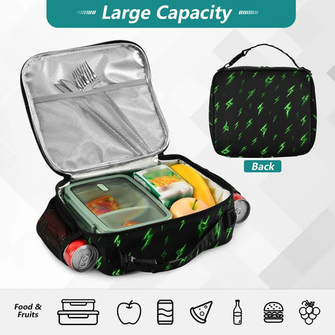 Green Lightning Bolts Insulated Lunch Bag For Kids, Women, And Men, Portable Cooler Tote With Shoulder Straps, Thermal Retention Aluminum Foil Lining, Spacious Main Compartment, Side Mesh Pockets, Ideal Office, Travel, School