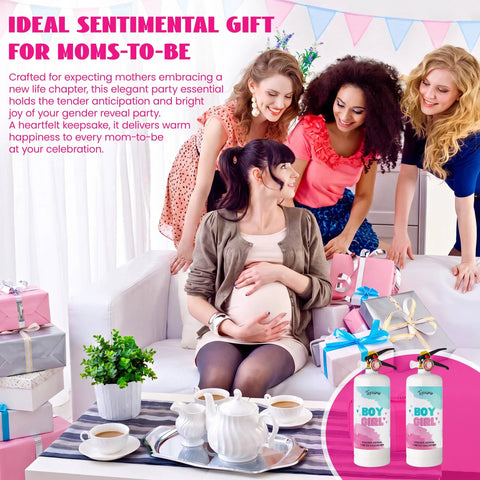 Epic Gender Reveal Fire Extinguisher Kit Featuring Biodegradable Pink And Blue Cornstarch Powder for Massive Baby Shower Blowouts displayed at a celebration.