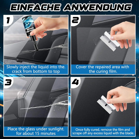 Process of using Two Pack Windshield Crack Repair Kit For Chips And Cracks, DIY Glass Repair Solution For All Cars in four steps.