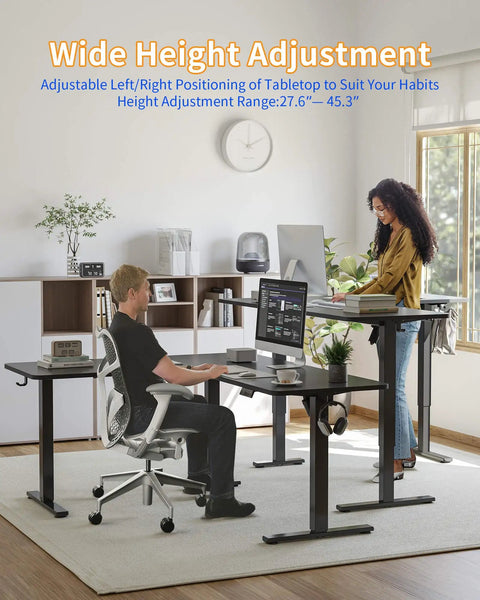 Boss Level Electric L Shaped Standing Desk Adjustable Height 63 X 55 Inches Smooth Lift Corner Table in home office setup.