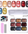 Nine Color Cat Eye Gel Polish Set with Magnetic Nail Kit, showing 9 shimmering colors, strong magnet, brush, and buffer.