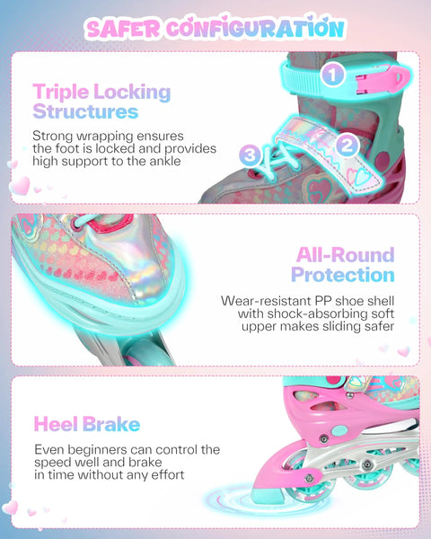 Triple locking structures and heel brake of Inline Roller Skates For Girls And Women With Adjustable Size 2 To 7.5 Eight LED Light Up